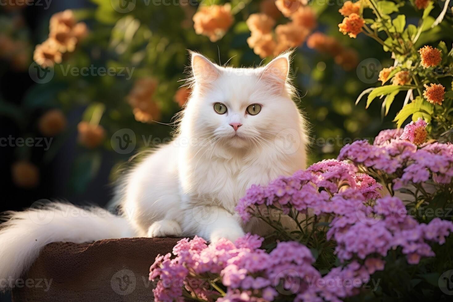ai genererad vit katt med av blommor på de trädgård. foto