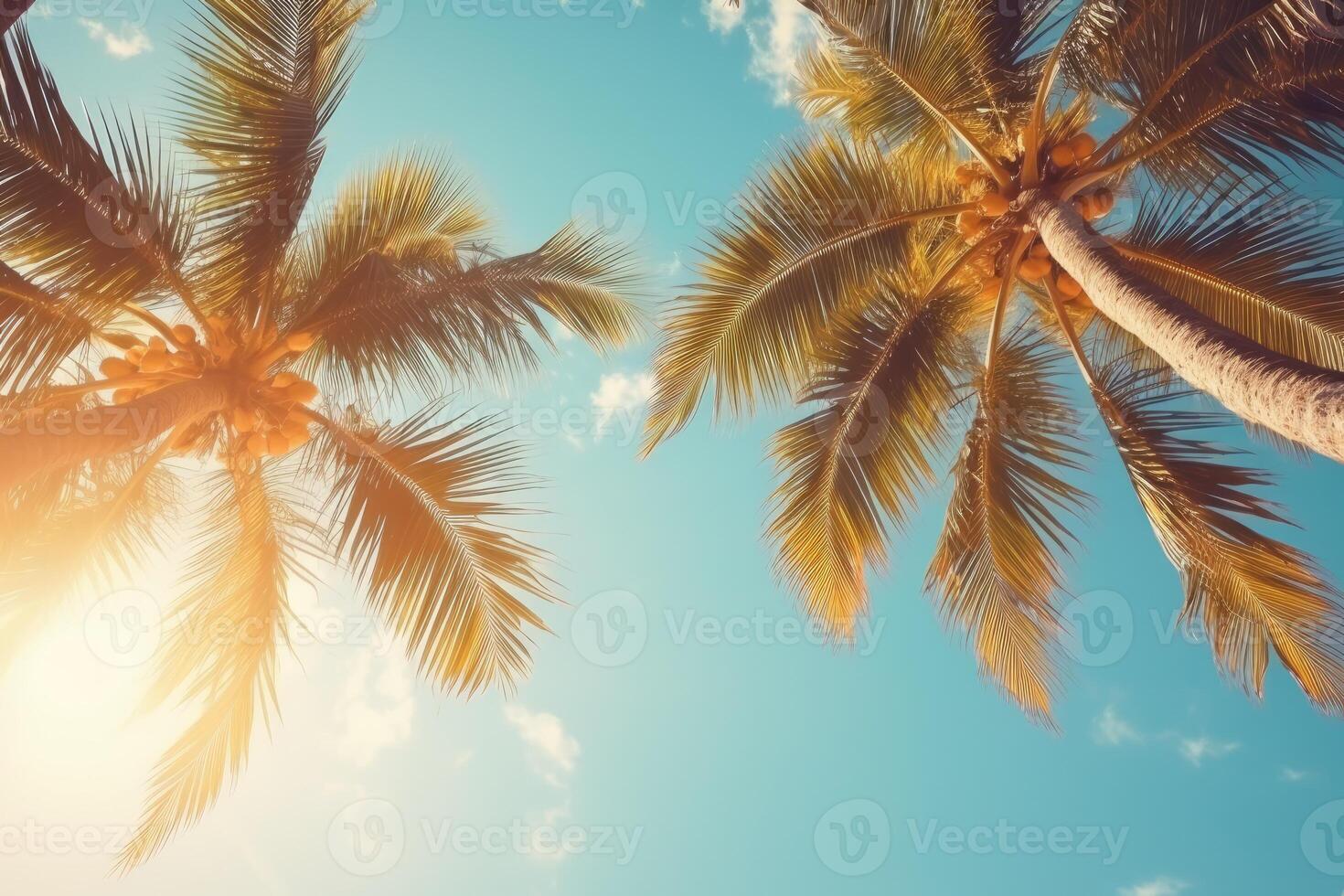 ai genererad blå himmel och handflatan träd se från Nedan, årgång stil, tropisk strand och sommar bakgrund, resa begrepp foto