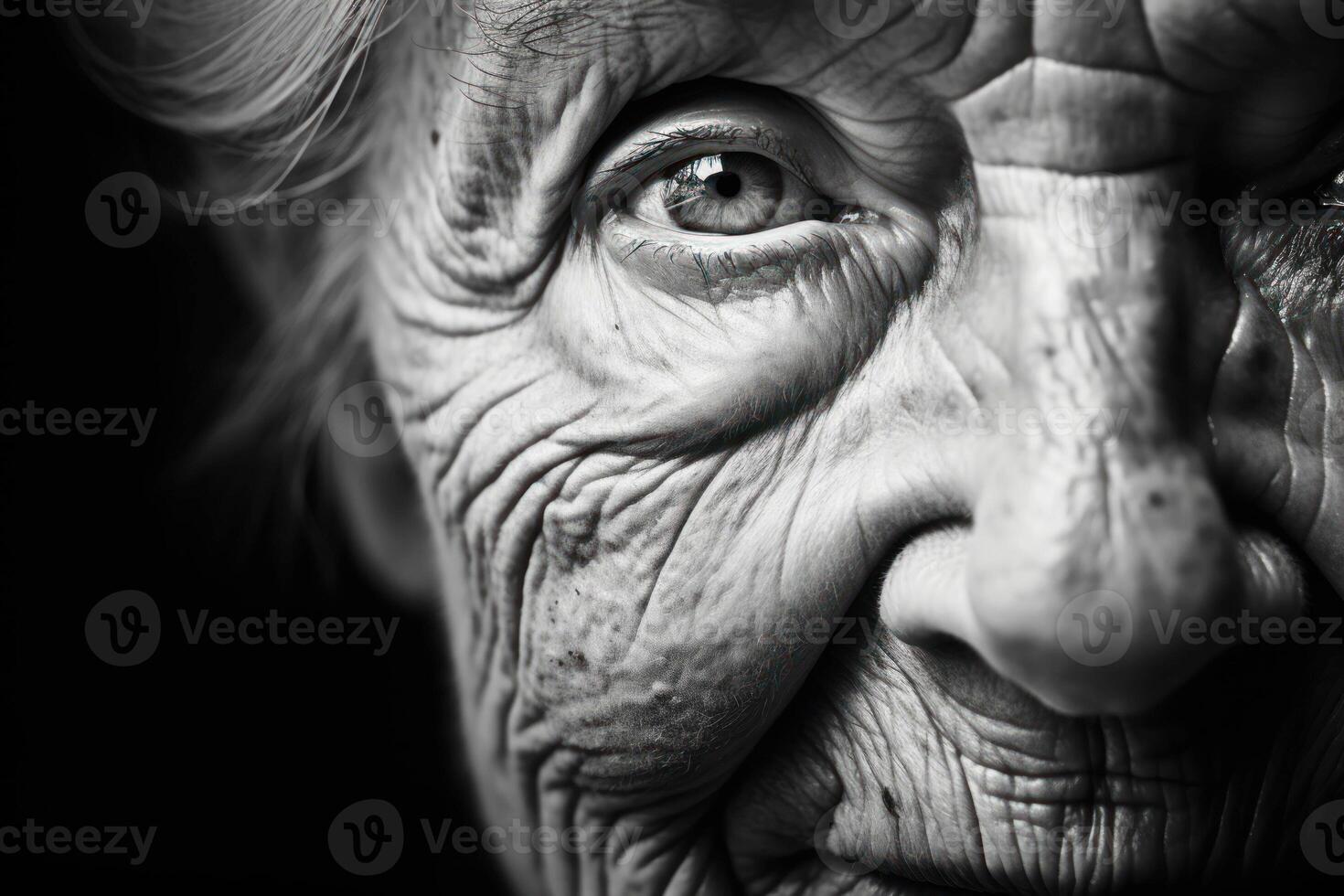 ai genererad ett gammal kvinnas ansikte med rynkor och rynkor foto