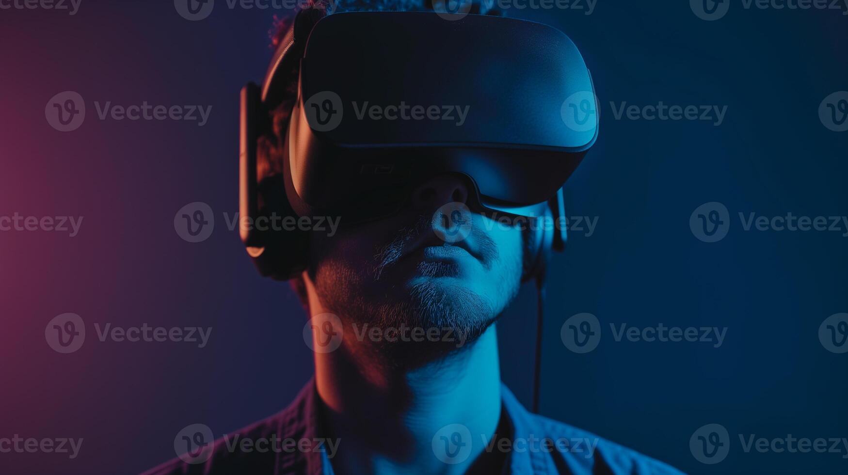 ai genererad ung man bär headsetet vr virtuell verklighet glasögon, uppslukande teknologi foto