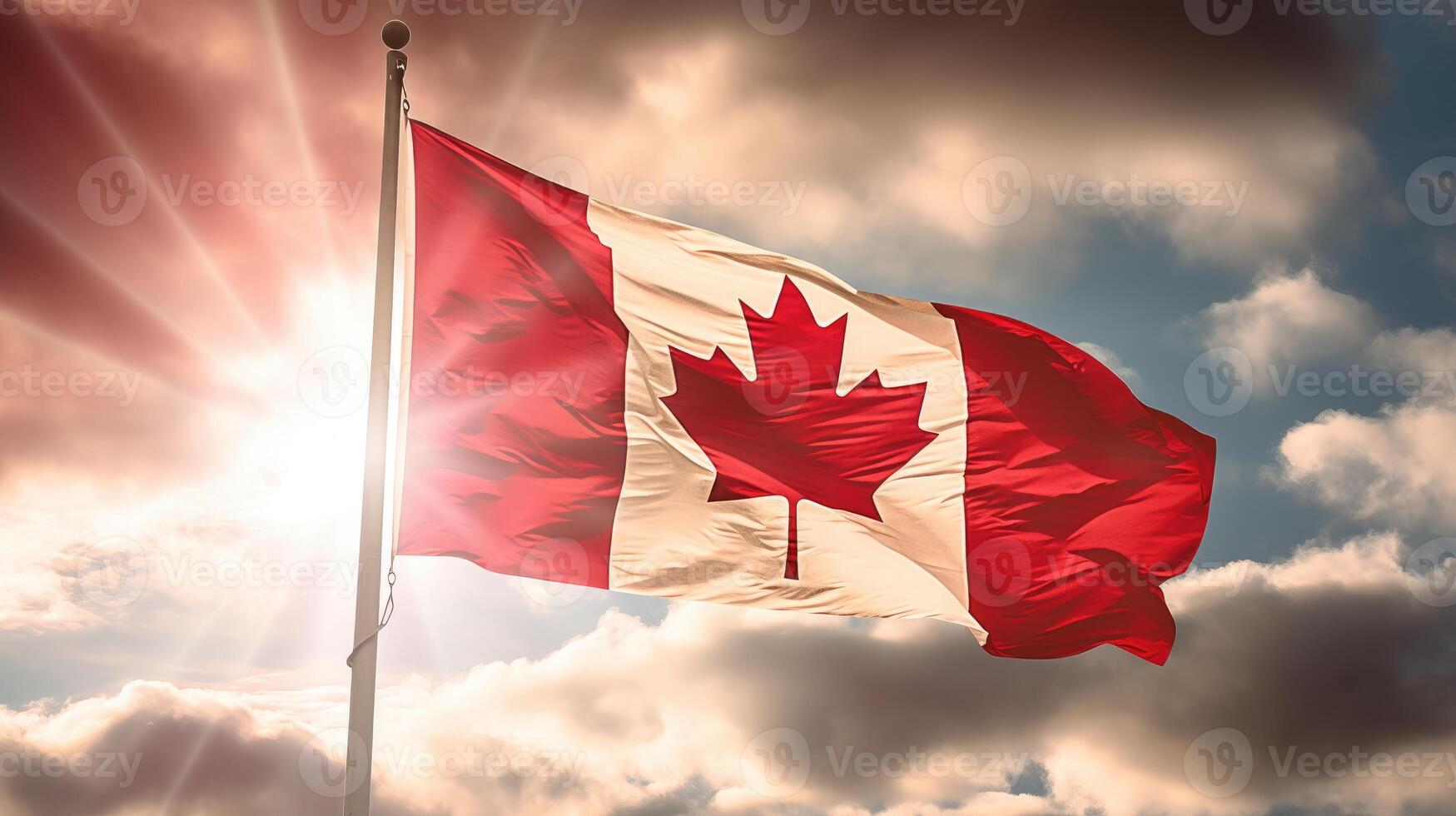 ai genererad flagga av de kanada vinka i de vind i främre av de Sol. kanadensisk flagga mot de blå himmel. foto