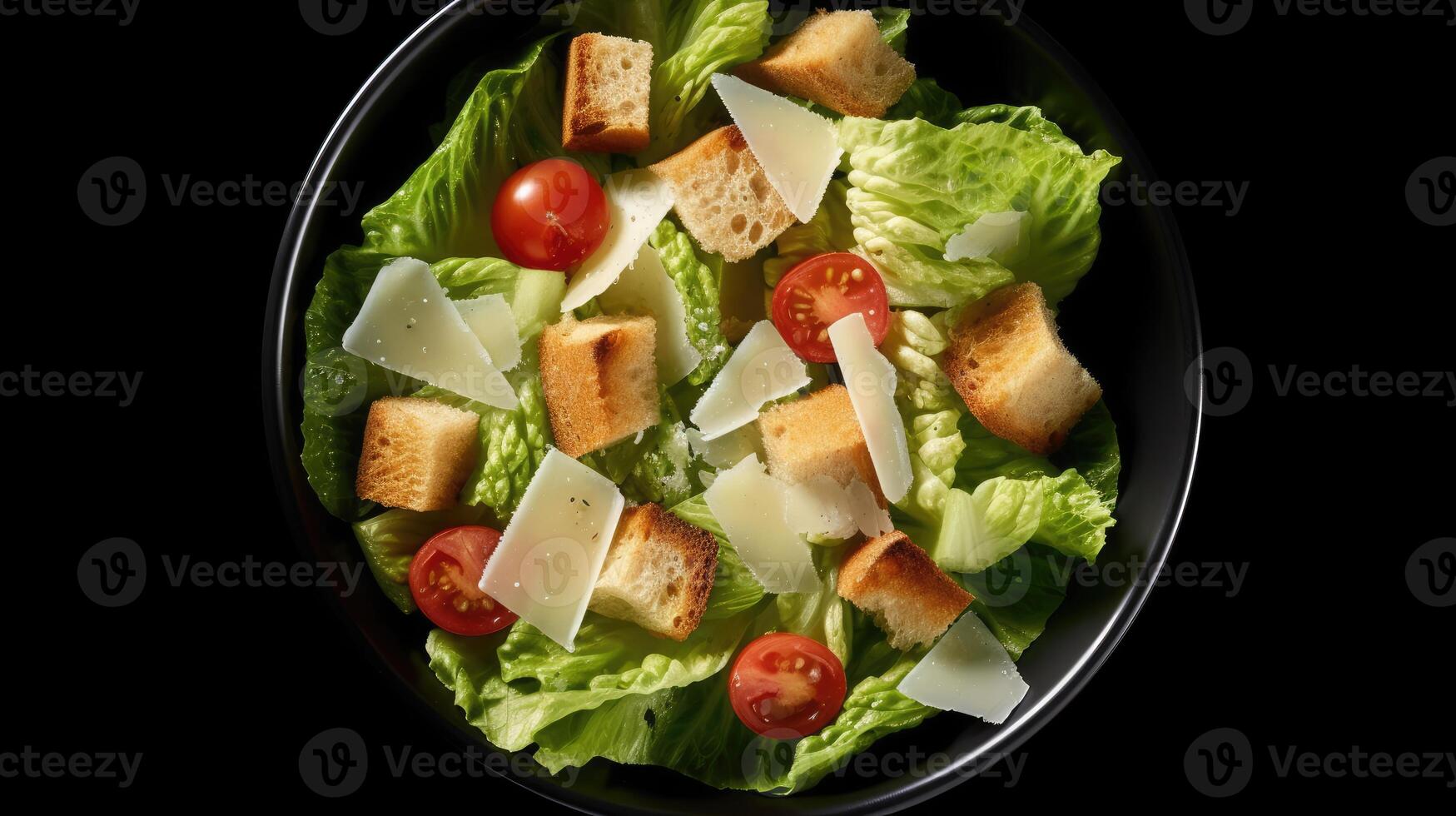 ai genererad klassisk caesar sallad med knaprig hemlagad krutonger och en ljus caesar klä på sig. topp se av caesar sallad på mörk bakgrund. rakat parmesan ost och romaine sallad. foto