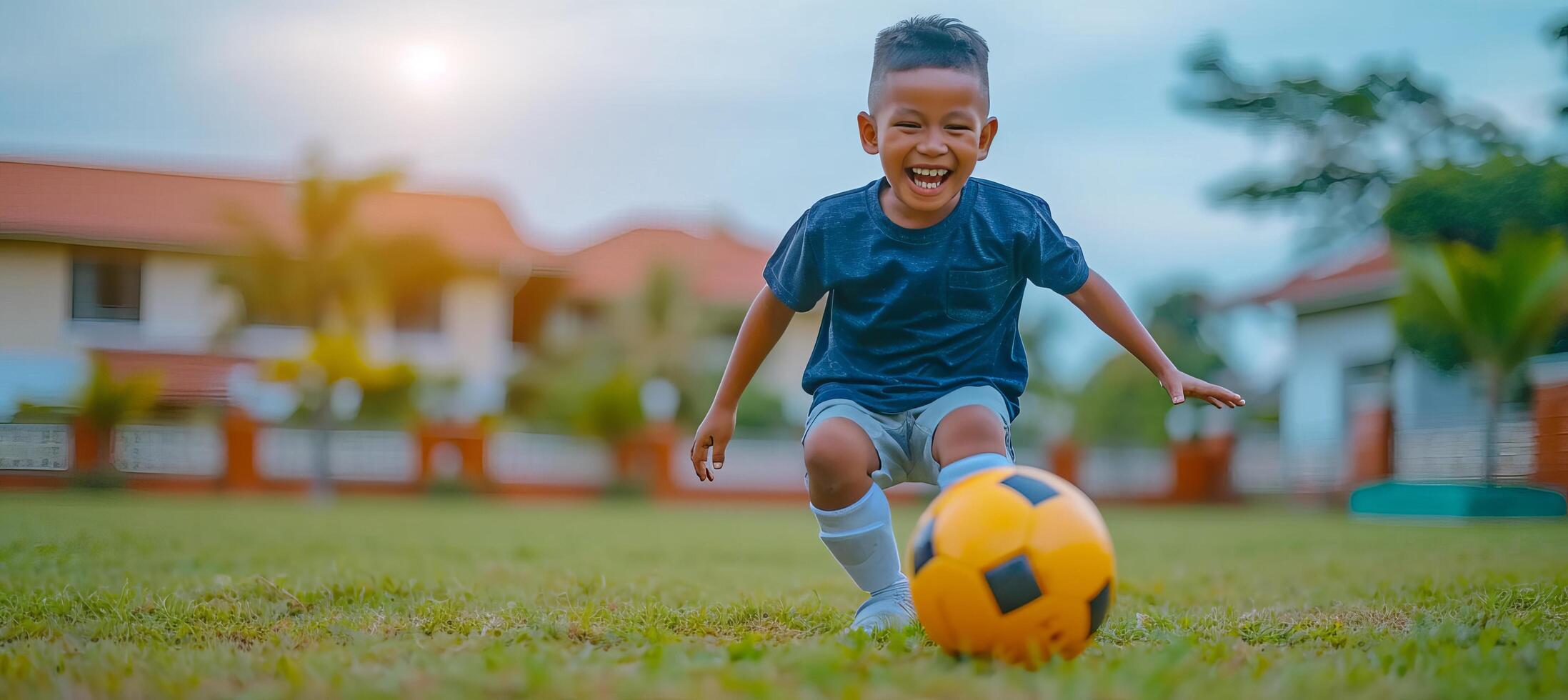ai genererad Lycklig Pojkar njuter fotboll Träning på gräs fält med kopia Plats för text placering foto