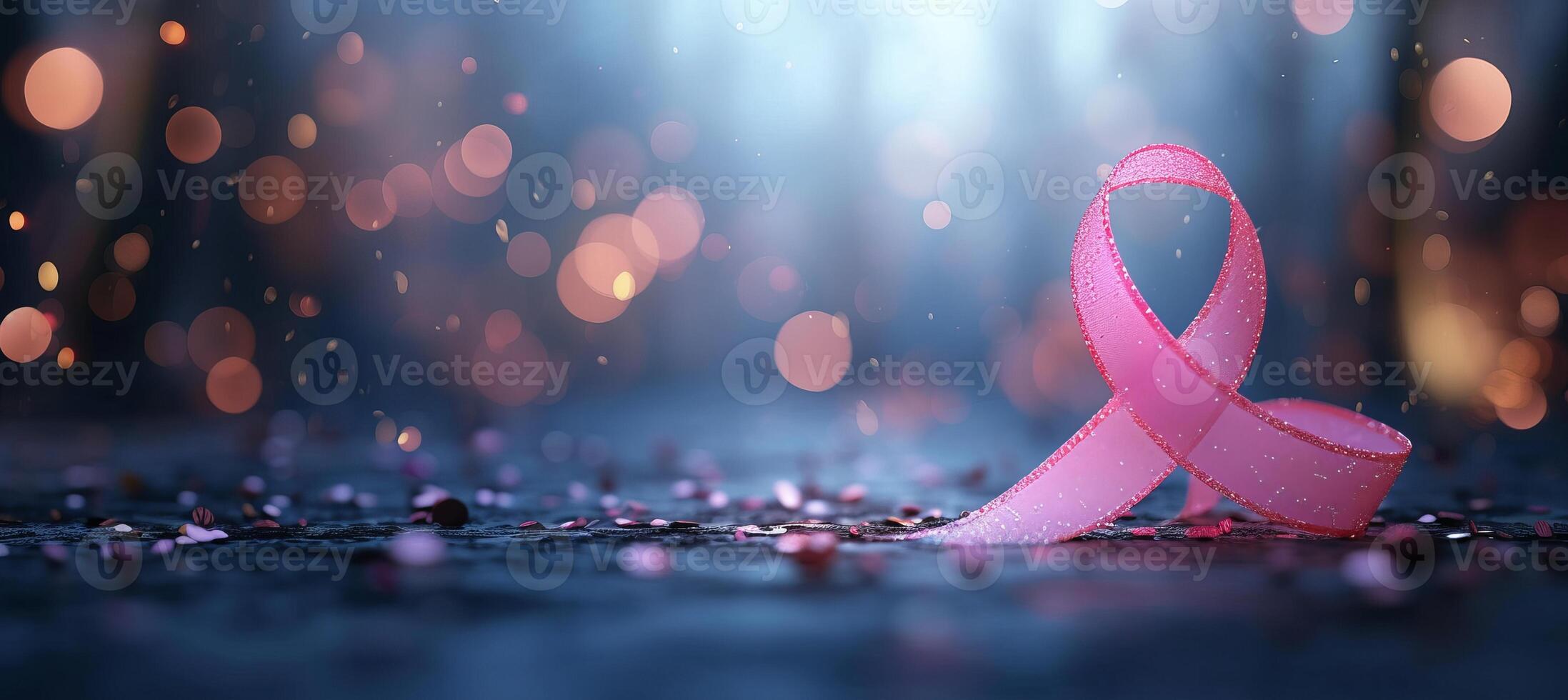 ai genererad bröst cancer medvetenhet månad symbol med rosa band på magisk blå bakgrund med kopia Plats foto