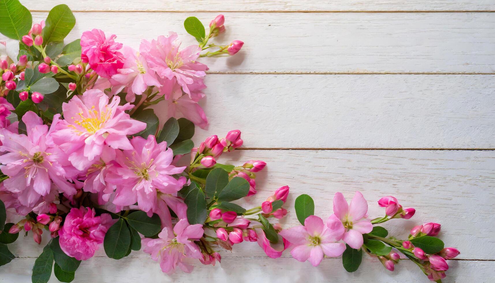 ai genererad vibrerande rosa azalea blooms vilar på vit trä- bakgrund i vår foto
