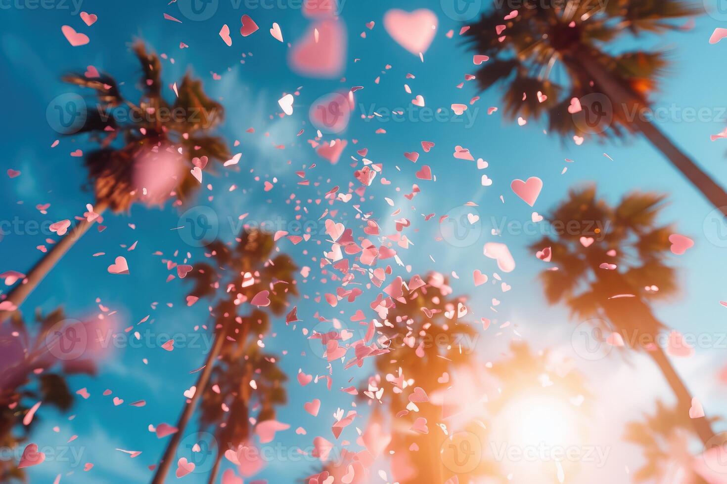 ai genererad hjärta formad konfetti faller från en ljus blå himmel professionell fotografi bakgrund foto
