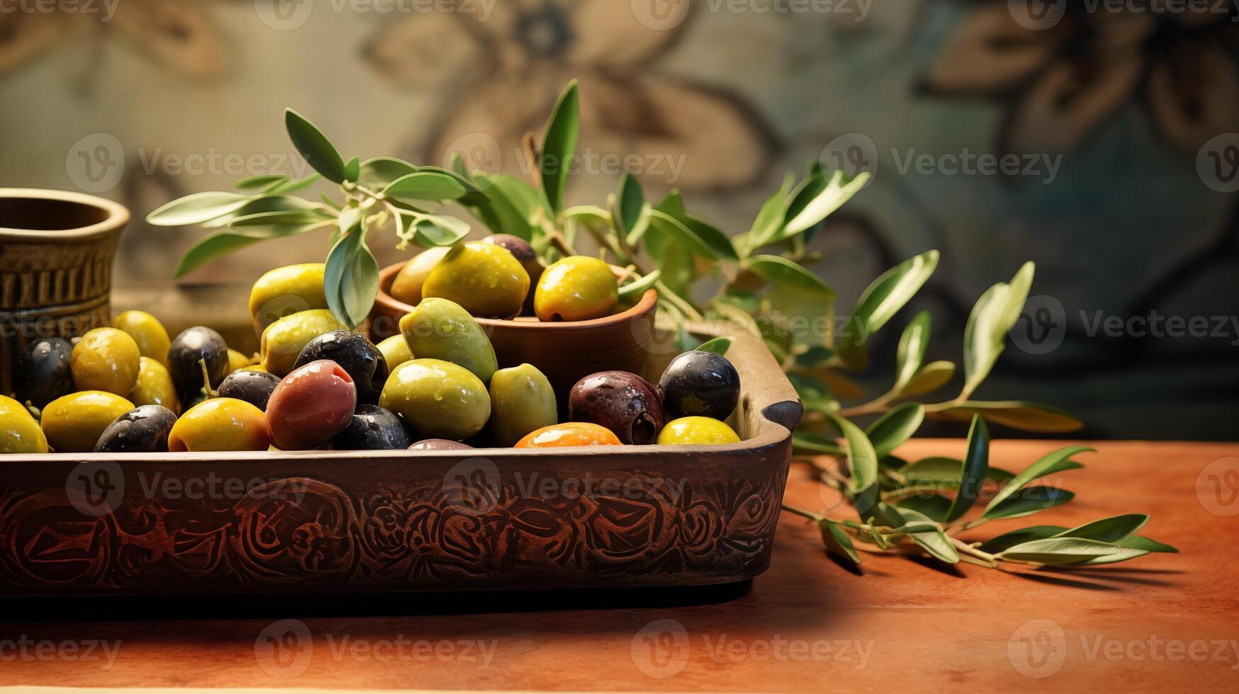 ai genererad låda eller spjällåda med hantera av oliver. medelhavs kök, Ingredienser och grönsaker. foto