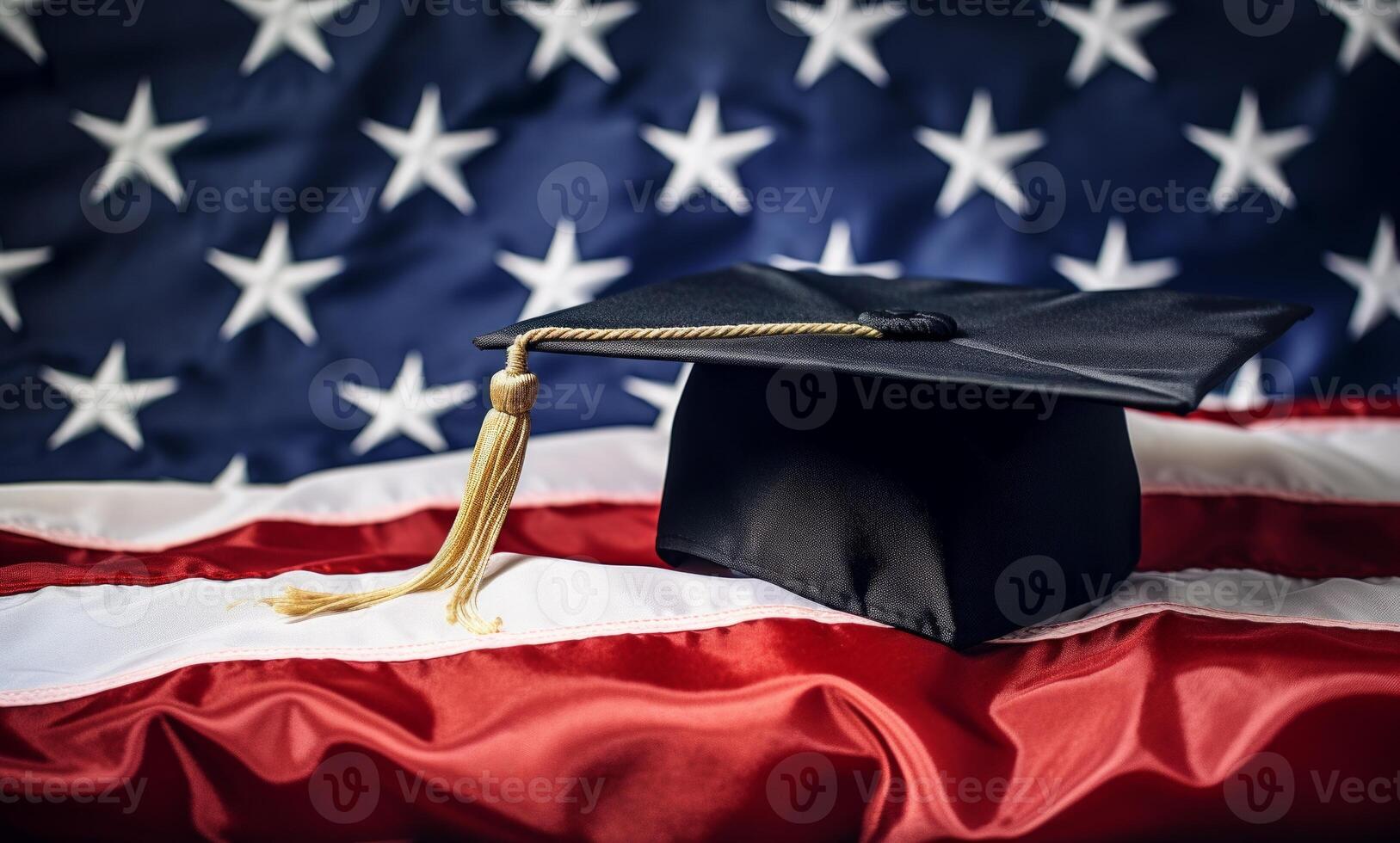 ai genererad examen keps vilar på amerikan flagga, amerikan utbildning bild foto