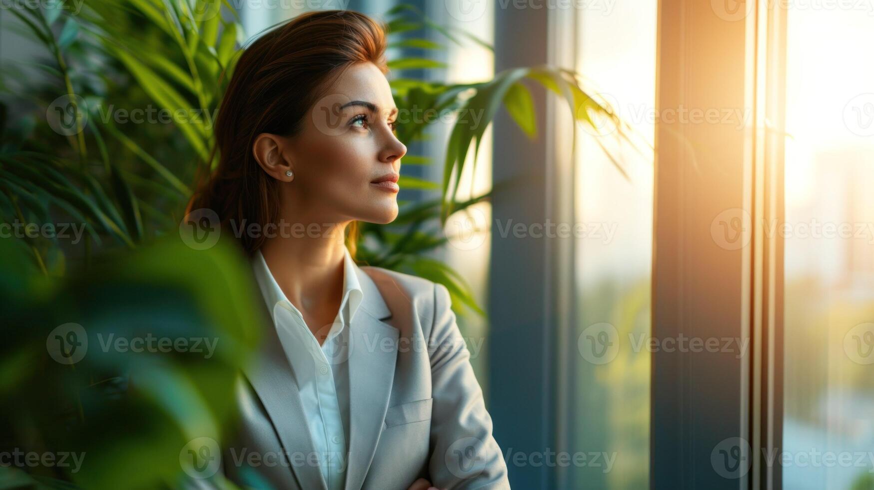 ai genererad en kvinna i en företag kostym ser ut de fönster foto