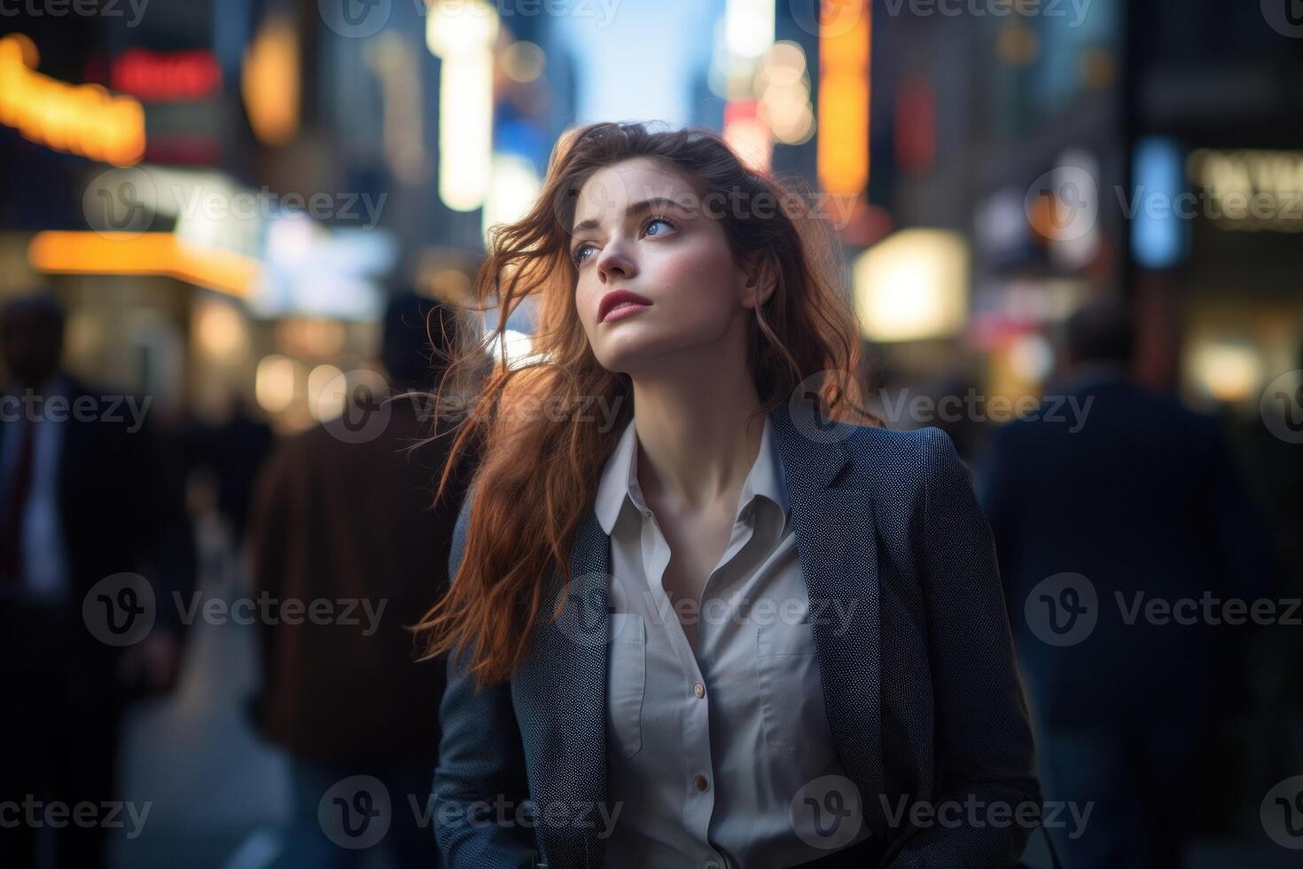 ai genererad en kvinna i en företag kostym är stående i de mitten av en upptagen stad gata foto