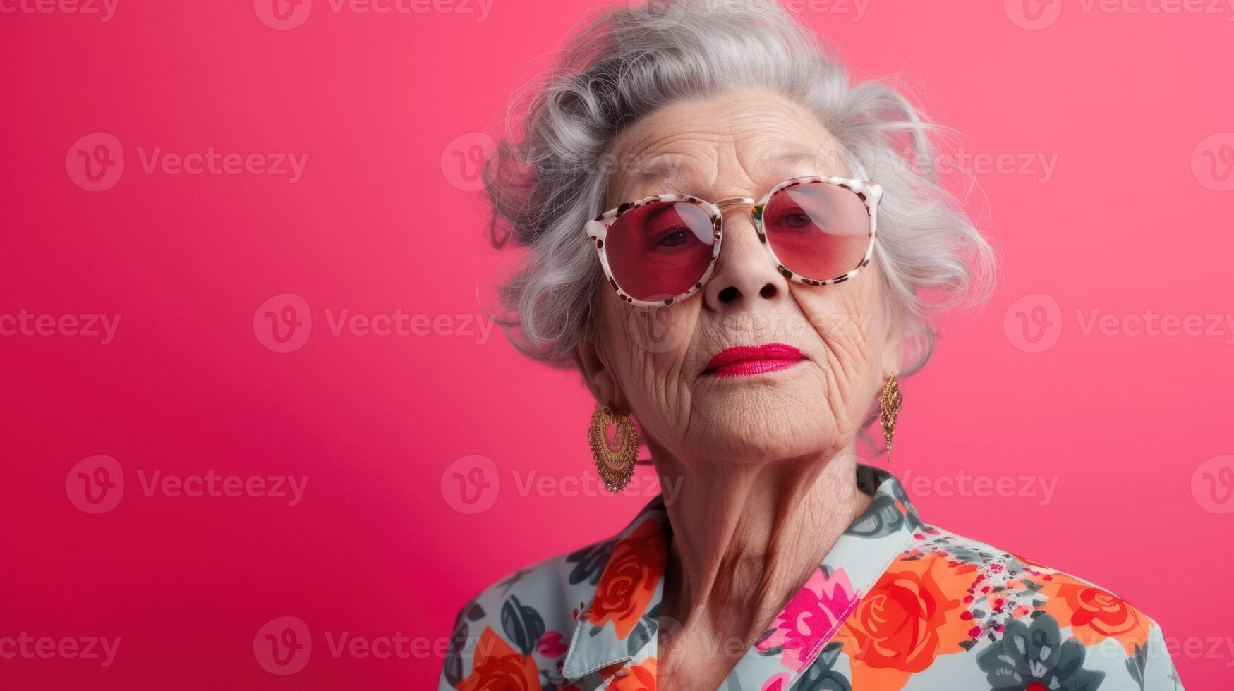 ai genererad rolig mormor porträtt. senior gammal kvinna klä på sig elegant för en särskild händelse. mormor mode modell på färgad foto