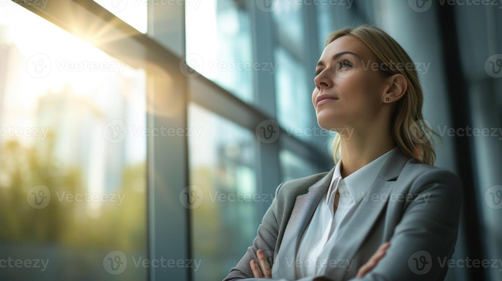 ai genererad en företag kvinna ser ut de fönster foto
