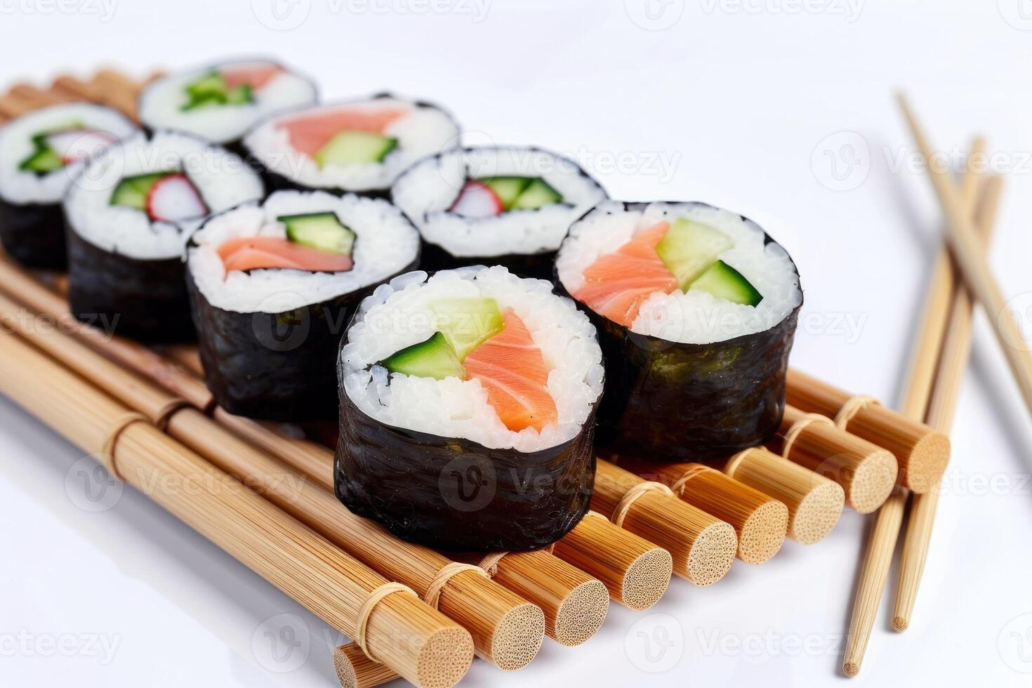 ai genererad maki sushi rullar på bambu styrelse isolerat på vit bakgrund foto