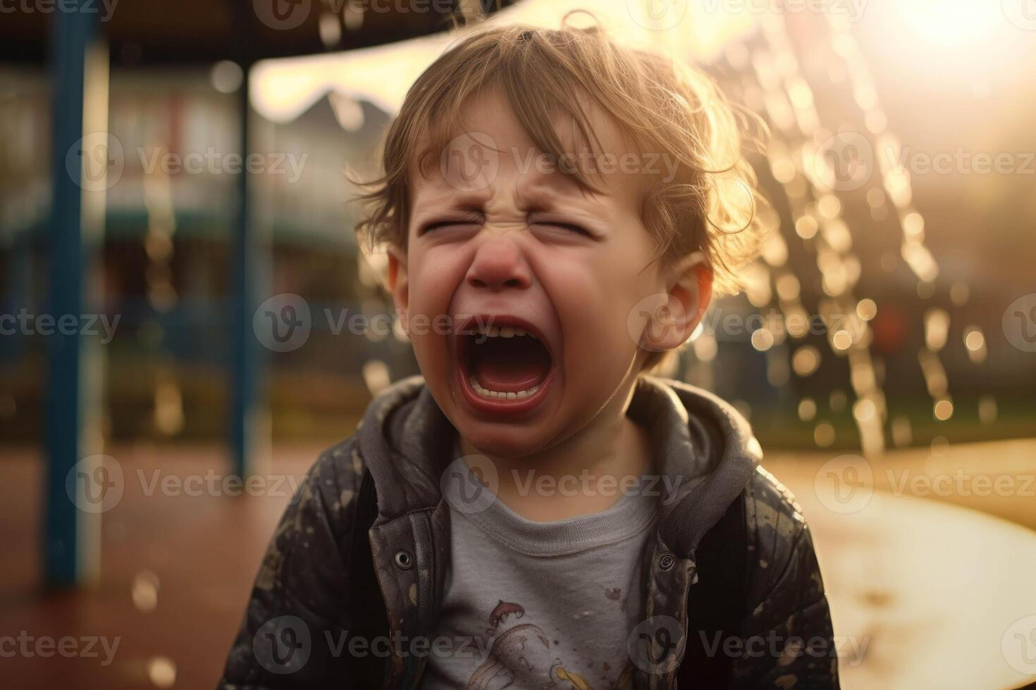 ai genererad en ung barn är gråt i främre av en lekplats foto