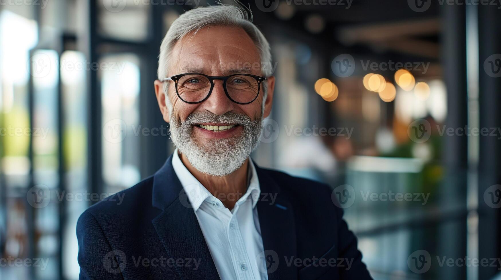 ai genererad en man med en skägg och glasögon leende foto