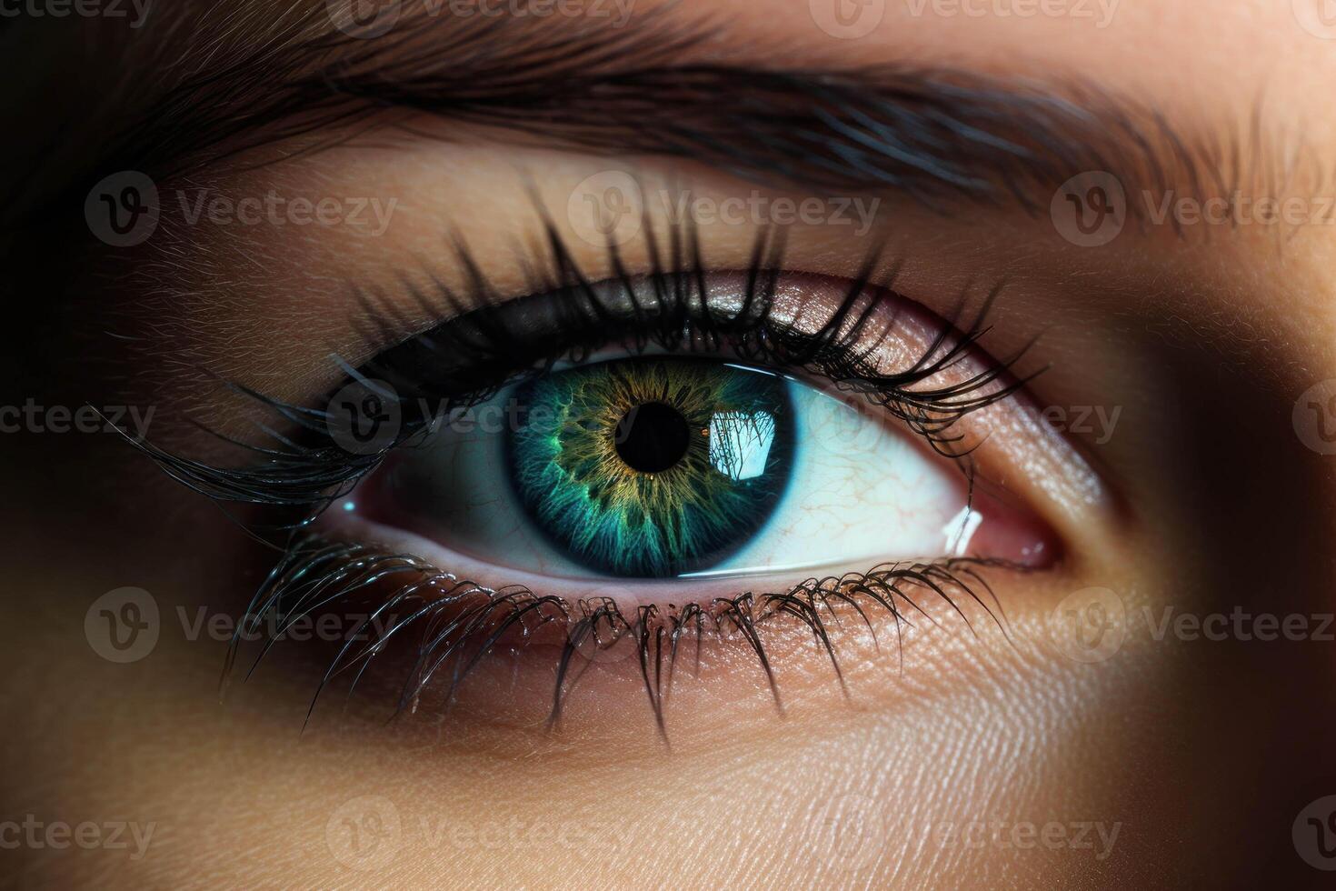 ai genererad en kvinnas öga med grön ögon foto