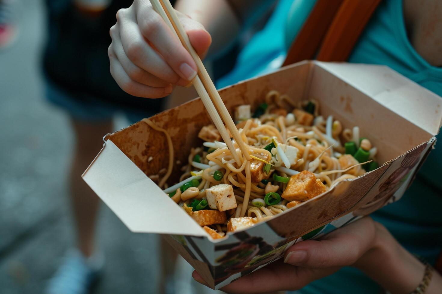 ai genererad ta ut låda av Wokad spaghetti och tofu. foto