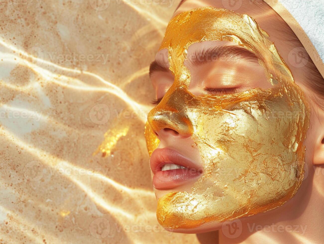 ai genererad närbild av en kvinnas ansikte Utsmyckad med en lyxig guld blad mask.spa annons foto