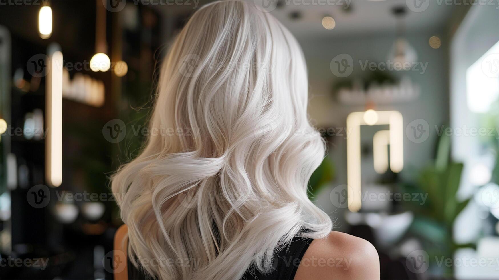 ai genererad tillbaka se av blond vågig hår efter styling i en salong. blond vågor fullkomlighet foto