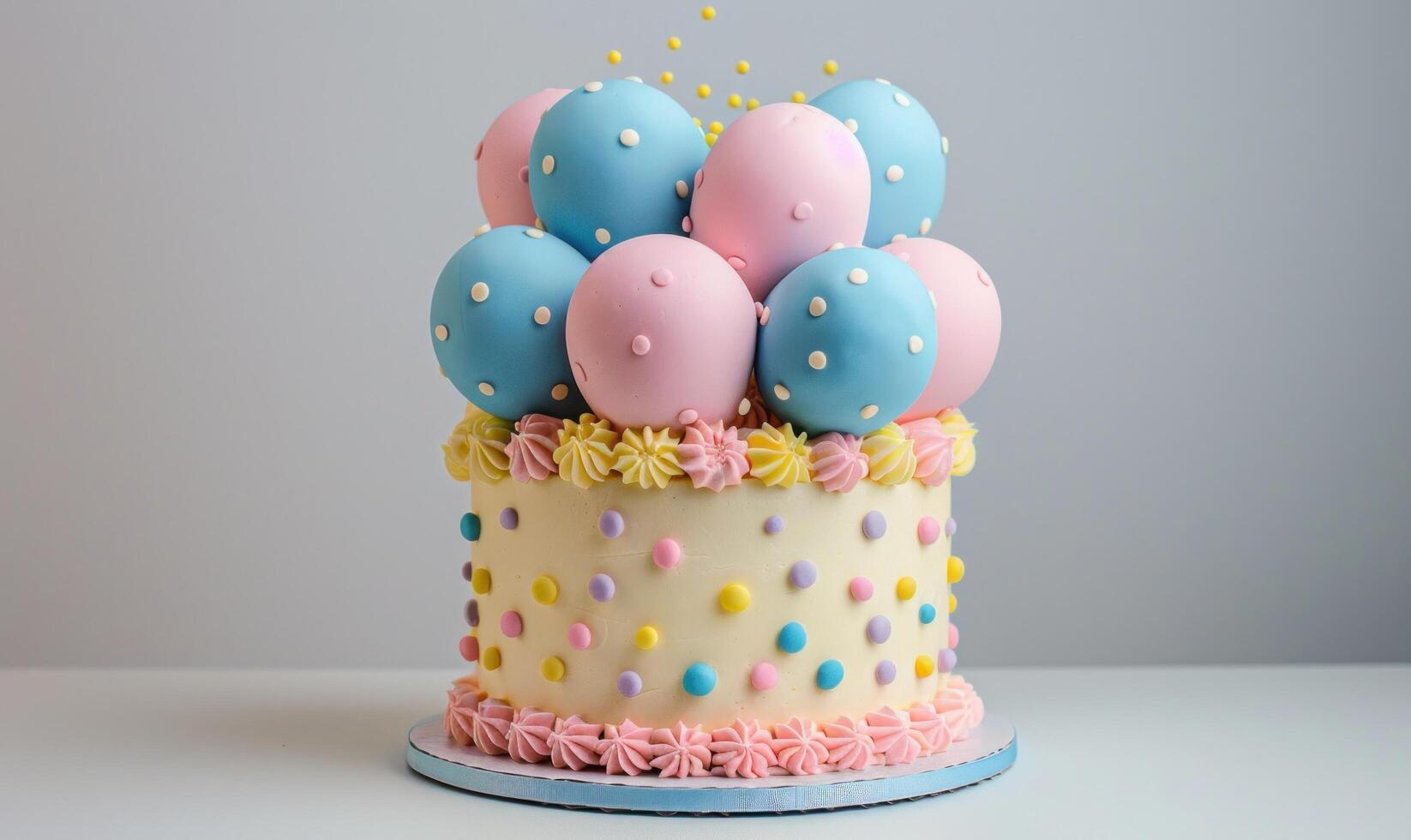 ai genererad en färgrik födelsedag kaka med ballonger foto