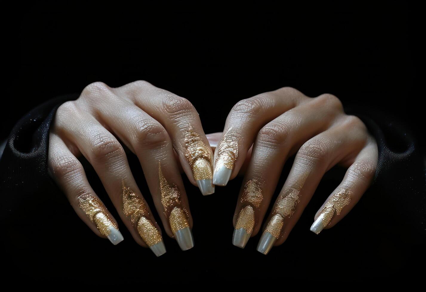 ai genererad en kvinnas svart och guld välskött händer med vit naglar på en svart bakgrund foto