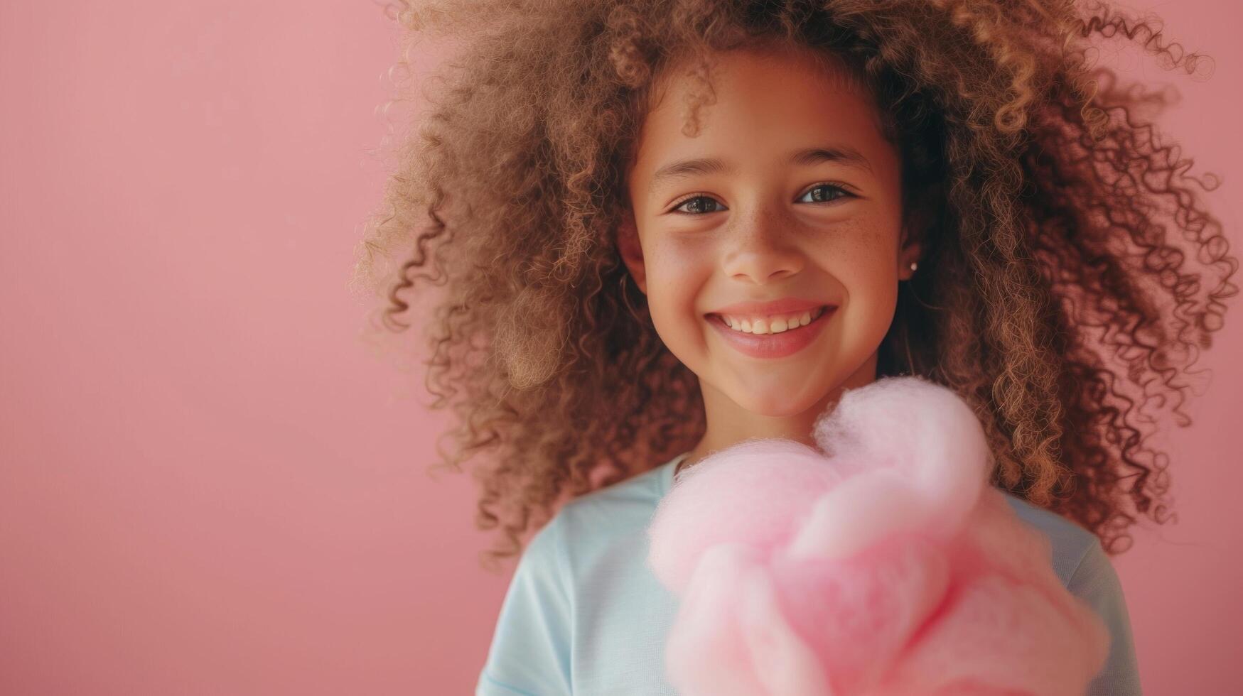 ai genererad flicka, 10 år gammal, står leende och ser på de kamera, innehav en stor rosa bomull godis i henne hand foto