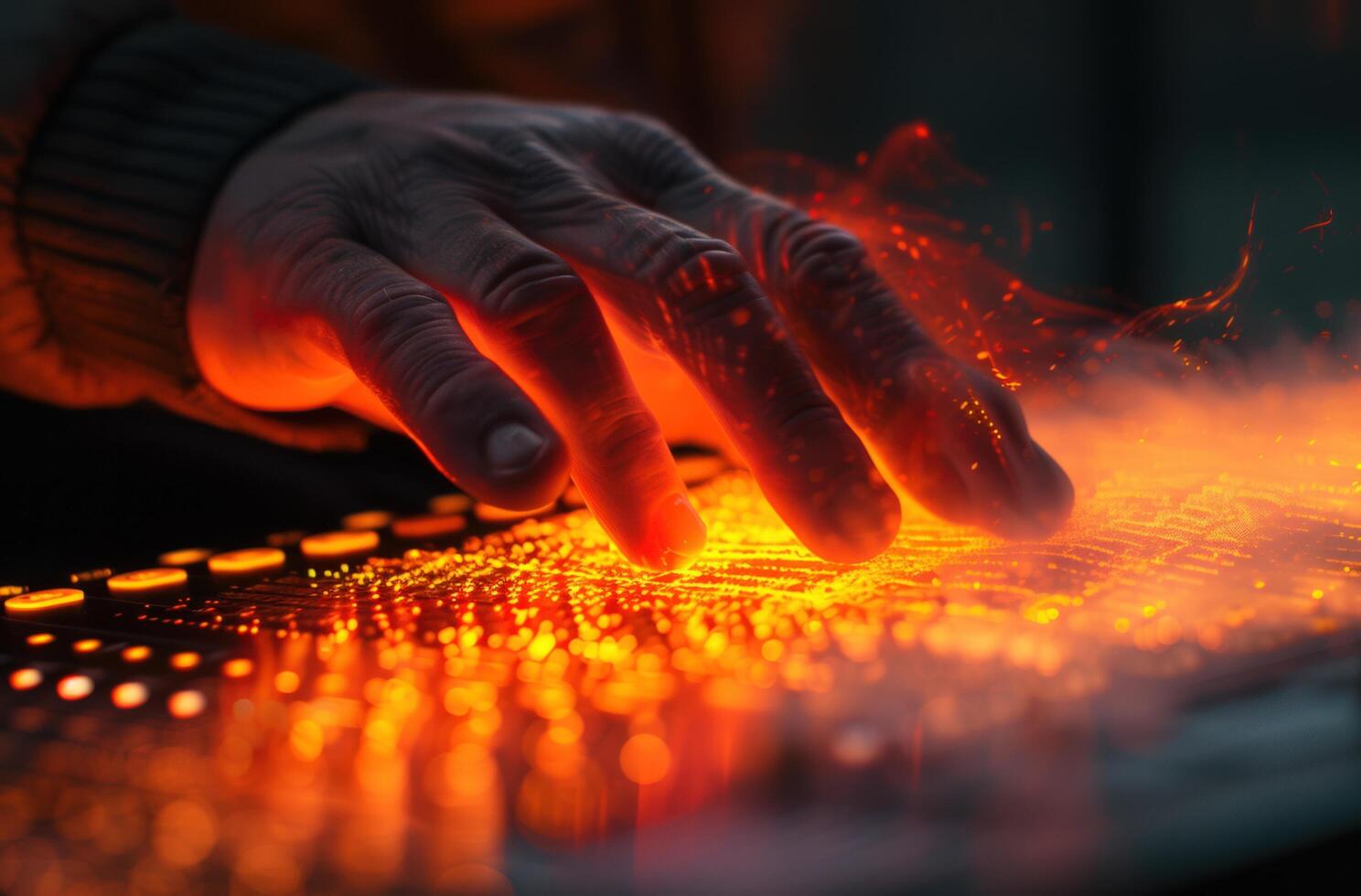 ai genererad en mannens hand är spelar ett faktisk dj mixer foto