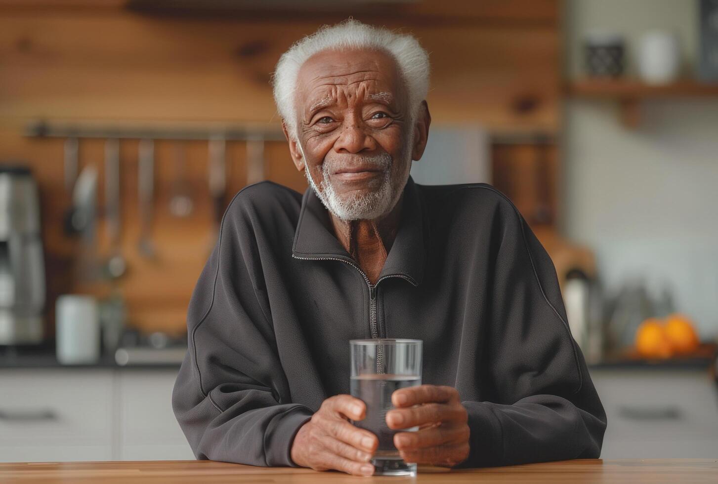 ai genererad ett äldre man innehav en glas av vatten medan Sammanträde på de kök disken foto