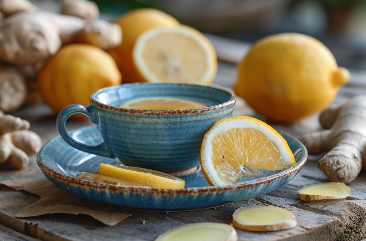 ai genererad ingefära te med ingefära rot på en tabell med en skiva av citron- på topp av den foto