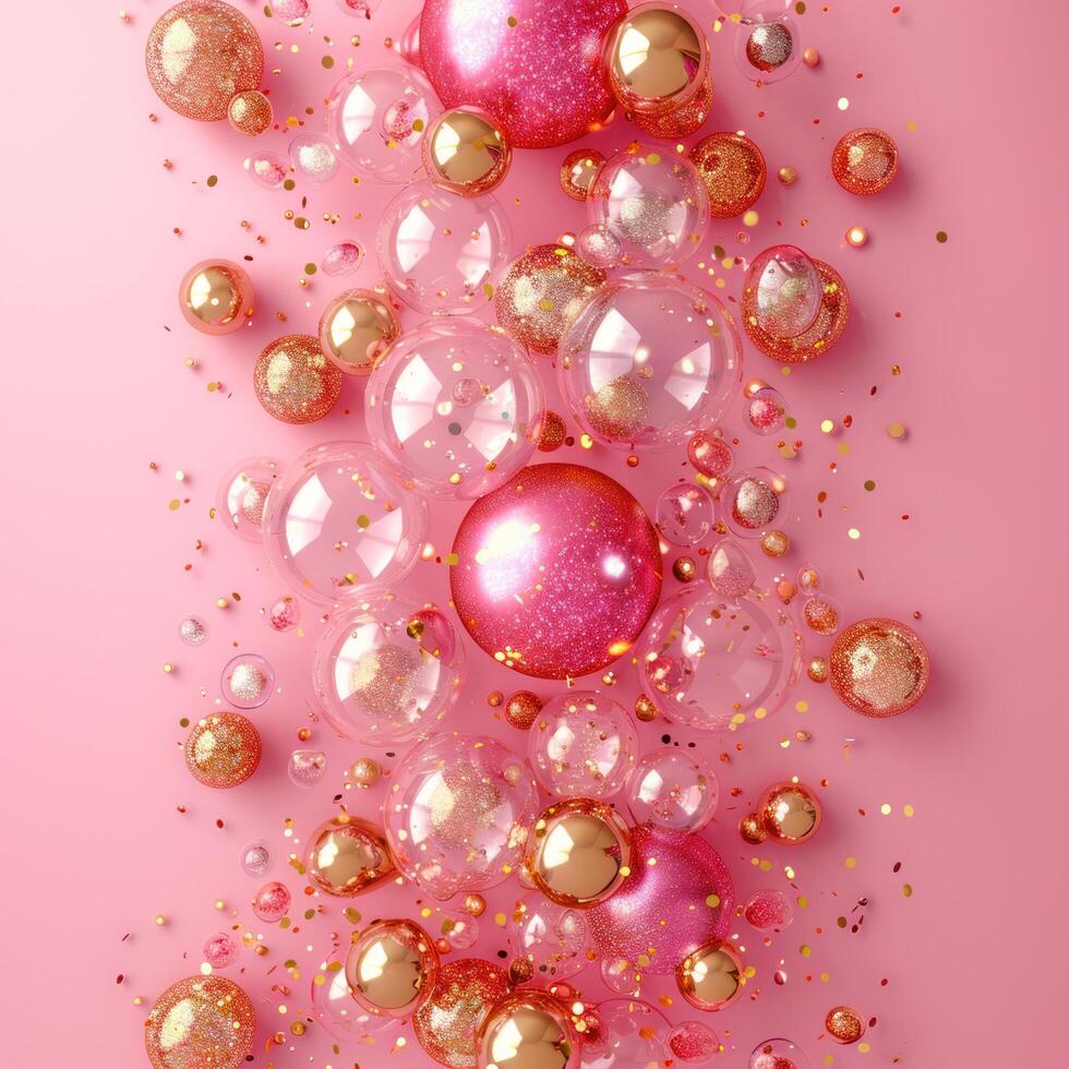 ai genererad skön festlig minimalistisk rosa bakgrund med guld och klar ballonger på de sidor foto