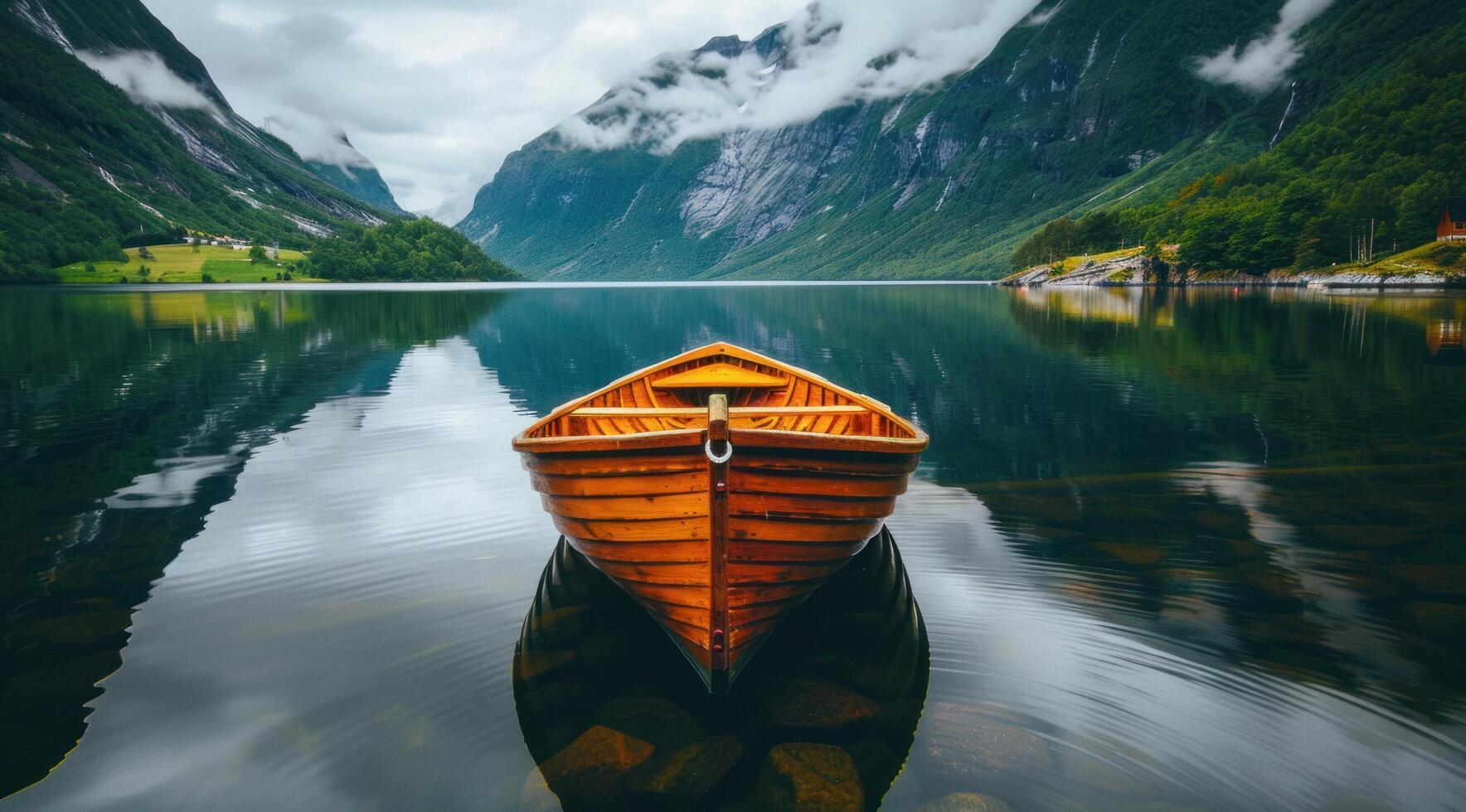 ai genererad en trä- båt flytande på en lugna sjö i norge, foto