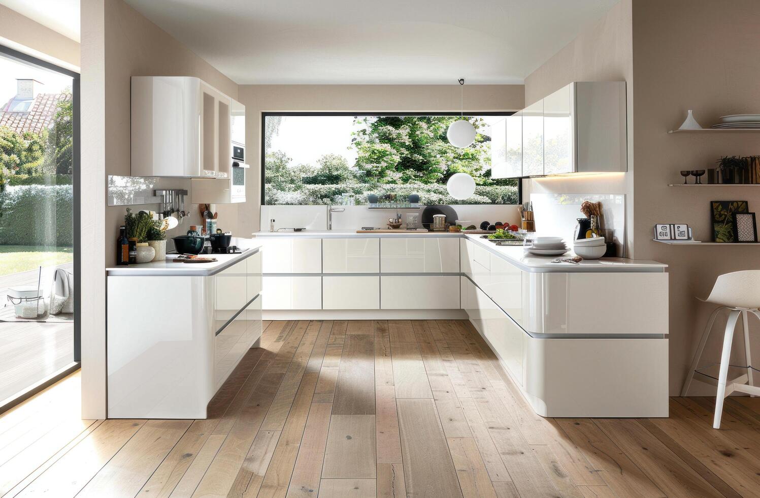 ai genererad vit skåp och trä golv i kök foto