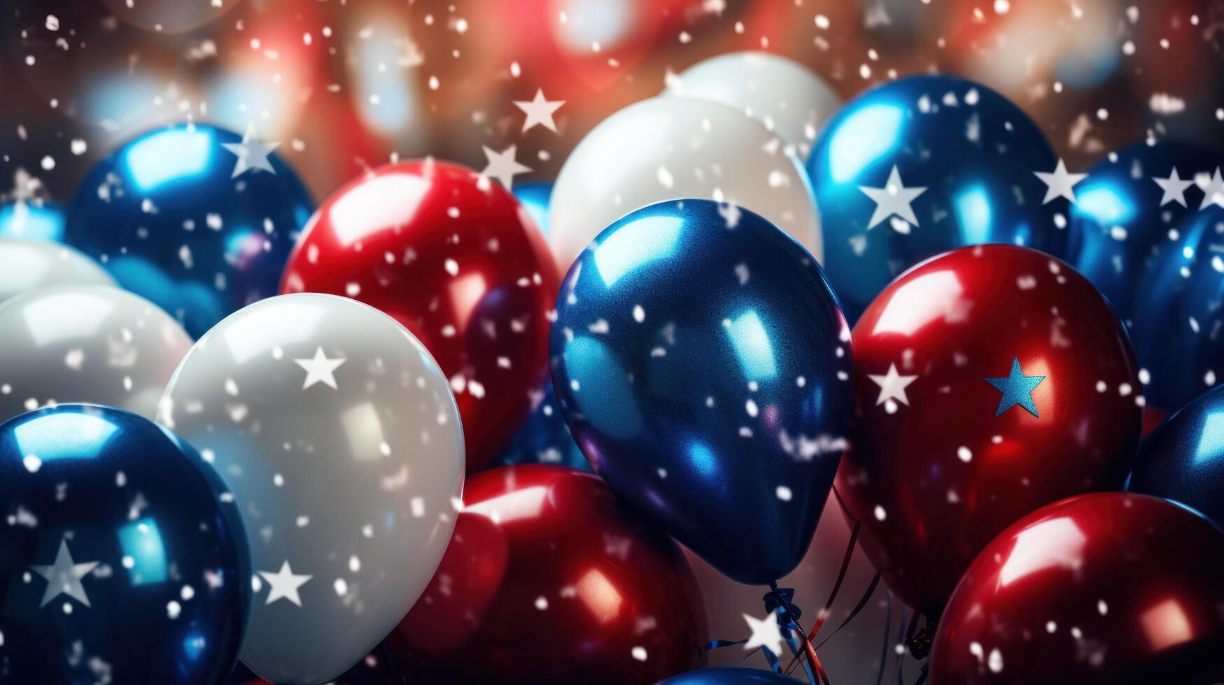 ai genererad en grupp av röd, vit, och blå ballonger omgiven förbi stjärnor foto