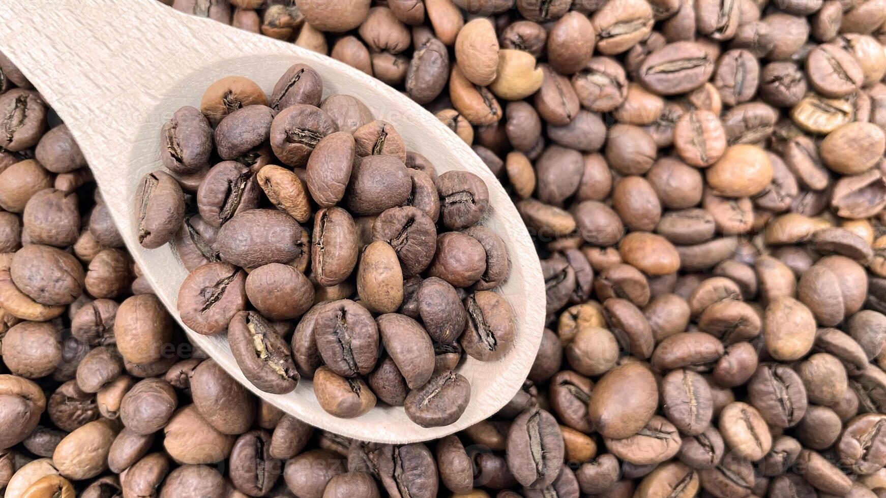 mat bakgrund textur av rostad kaffe bönor med en full skyffel. en lugg av spridd aromatisk rostad brun kaffe bönor med en trä- skopa. kaffe bönor i en trä- sked. foto