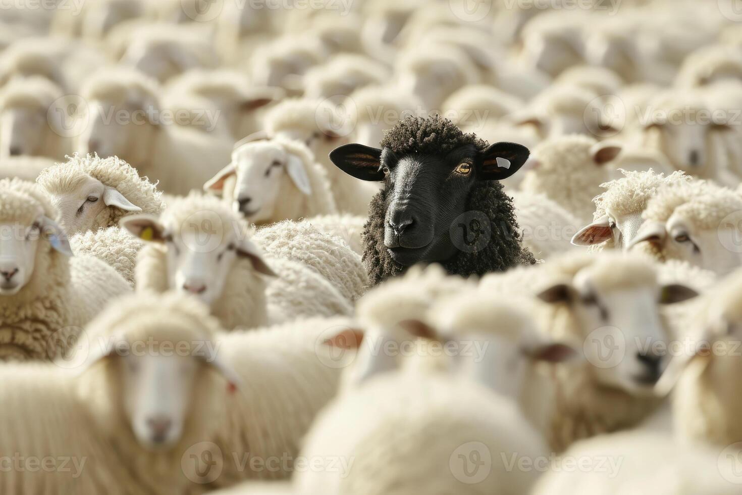 ai genererad en enda svart får står ut bland en flock av vit motparter i lantlig betning fält skapas med generativ ai teknologi foto