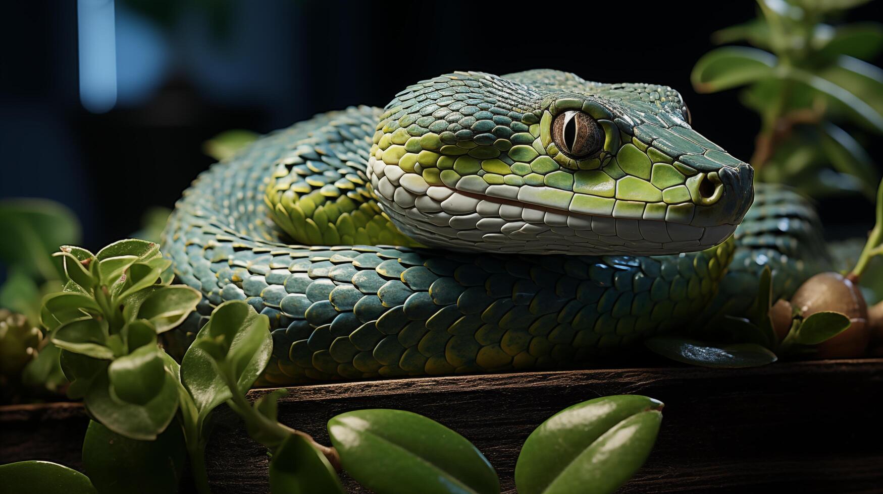 ai genererad de grön träd orm är ringlad upp i en boll, ser på de mitten av de grön löv foto