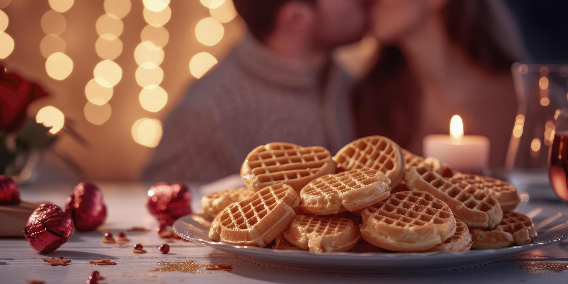 ai genererad romantisk frukost, hjärtformade våfflor på en tabell uppsättning för två, en par på de rand av en kyss. perfekt Utsmyckad för hjärtans dag. foto