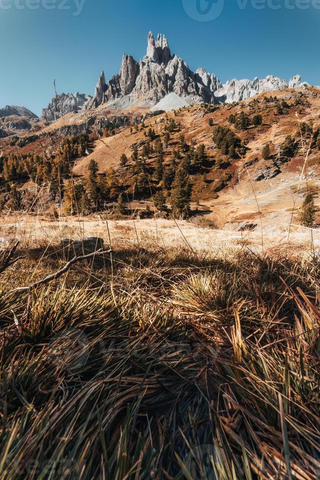 franska alps landskap av massivet des cerces med huvud de crepin topp på vildmark i höst på claree dal foto