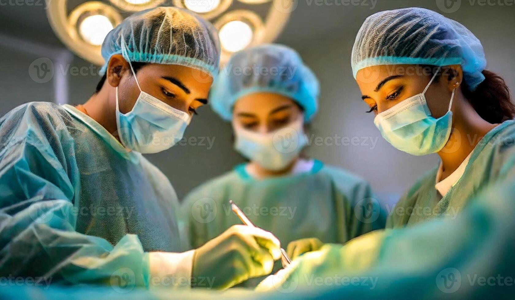 ai genererad medicinsk team utför kirurgisk drift i rörelse rum foto