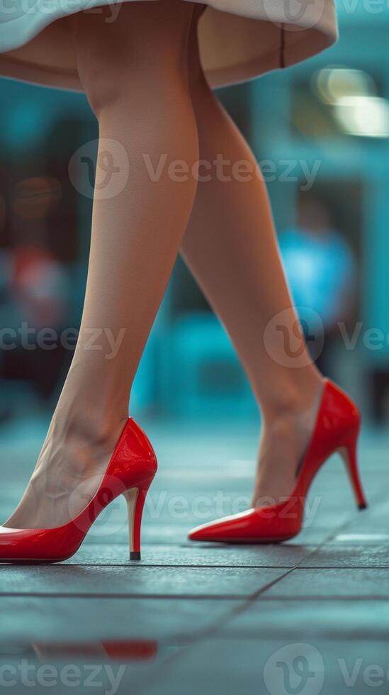 ai genererad närbild porträtt av en kvinnas fötter gående bär röd hög häl skor, generativ ai foto