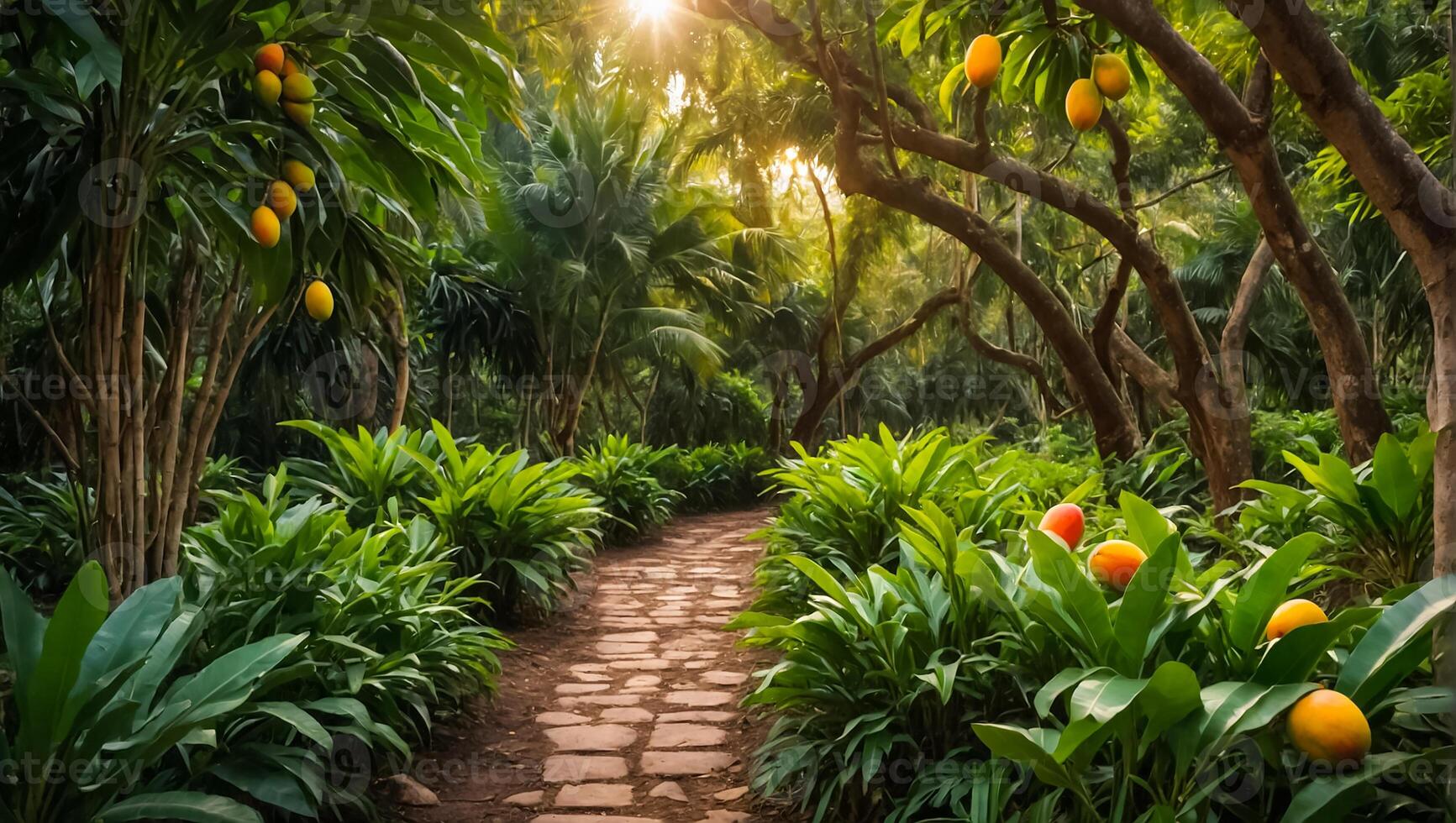 skön gränd med mango träd i de trädgård foto