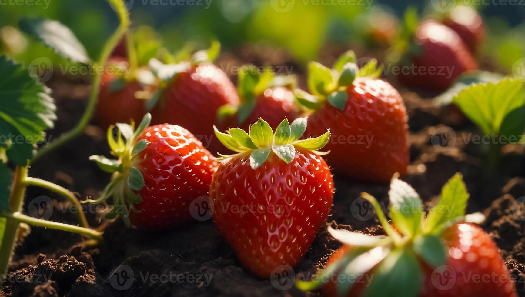 ai genererad färsk jordgubbar i de trädgård närbild foto