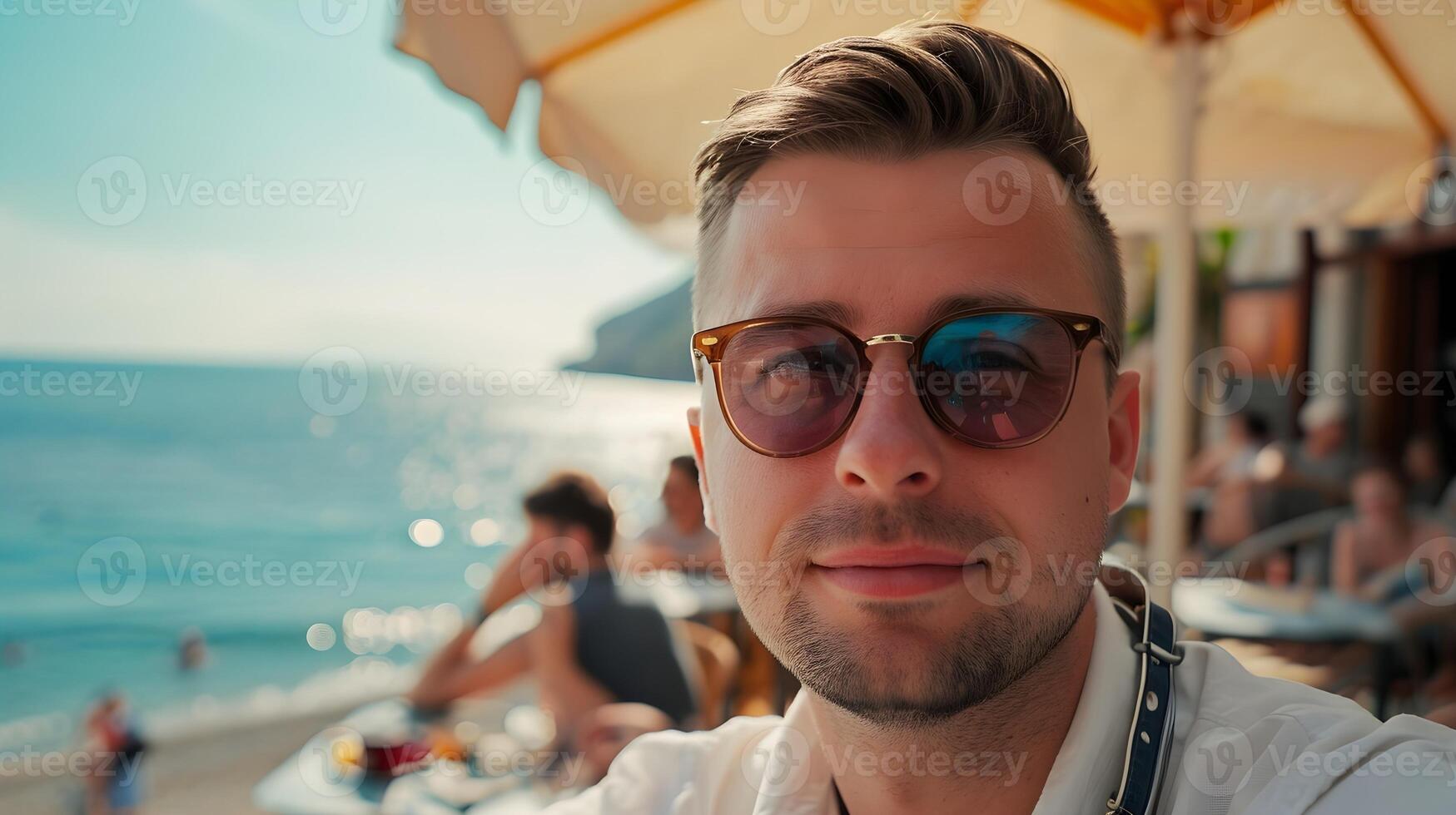 ai genererad selfie porträtt av en vit manlig på en skön hav sida Kafé bakgrund, generativ ai foto