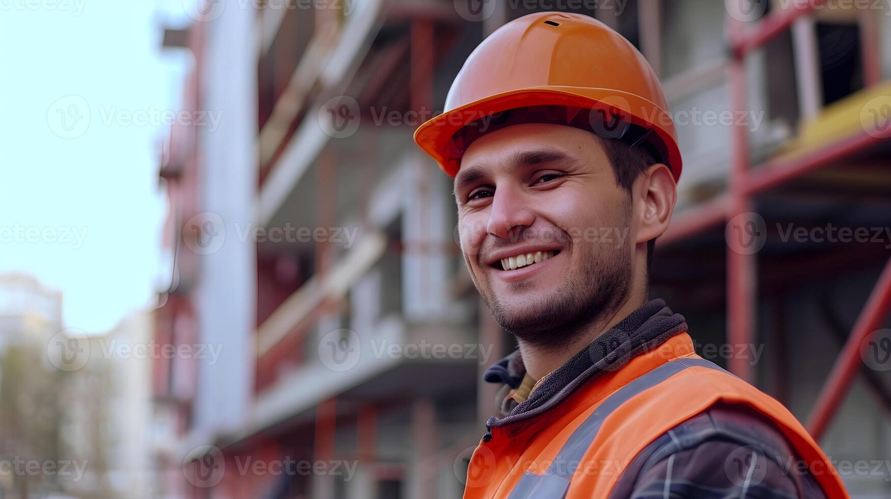ai genererad porträtt av en leende manlig konstruktion arbetstagare på en byggnad projekt, generativ ai foto