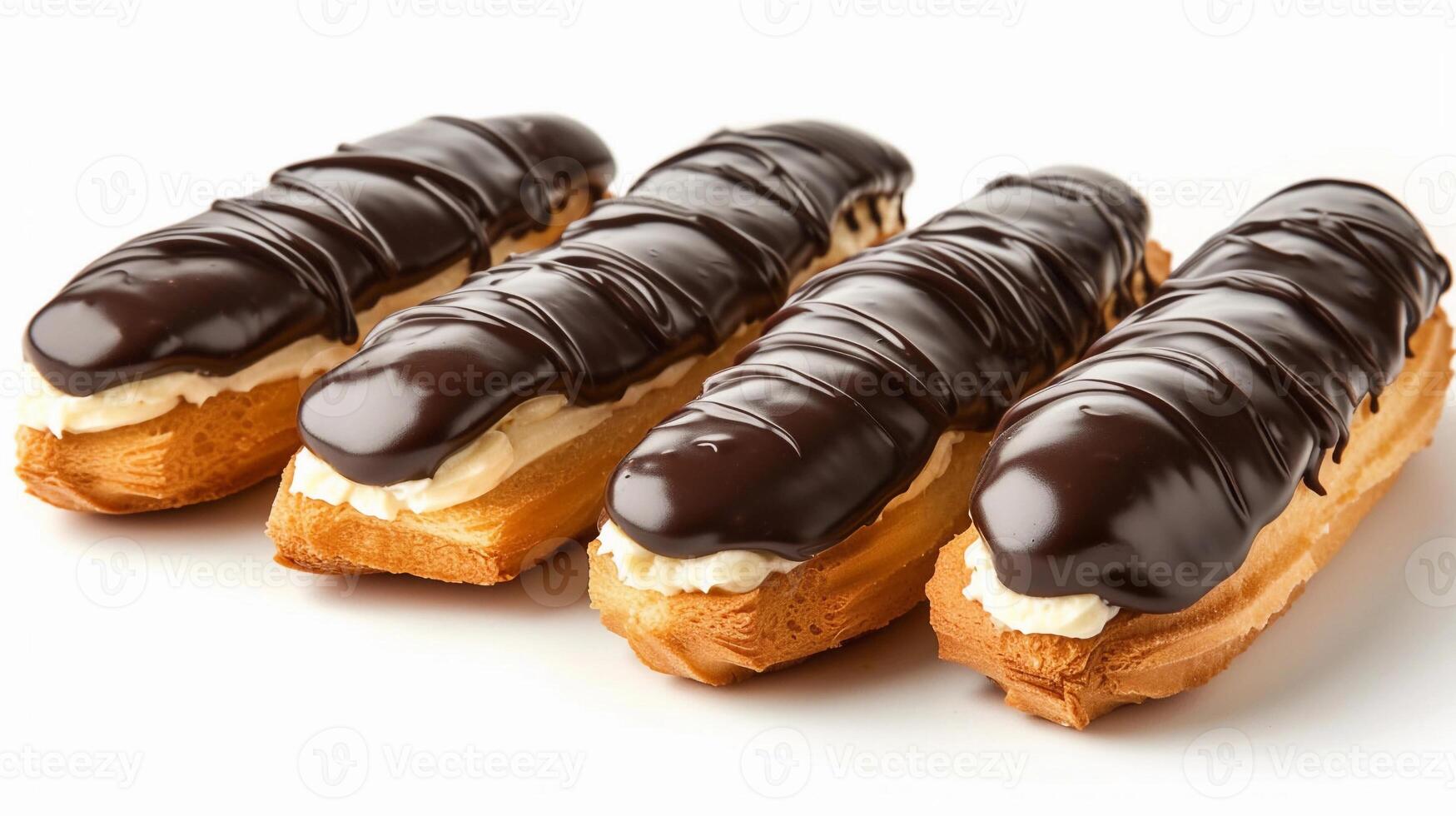 ai genererad eclairs, rada upp av chokladglaserad eclairs fylld med krämig bakverk grädde, bakgrund bild, generativ ai foto