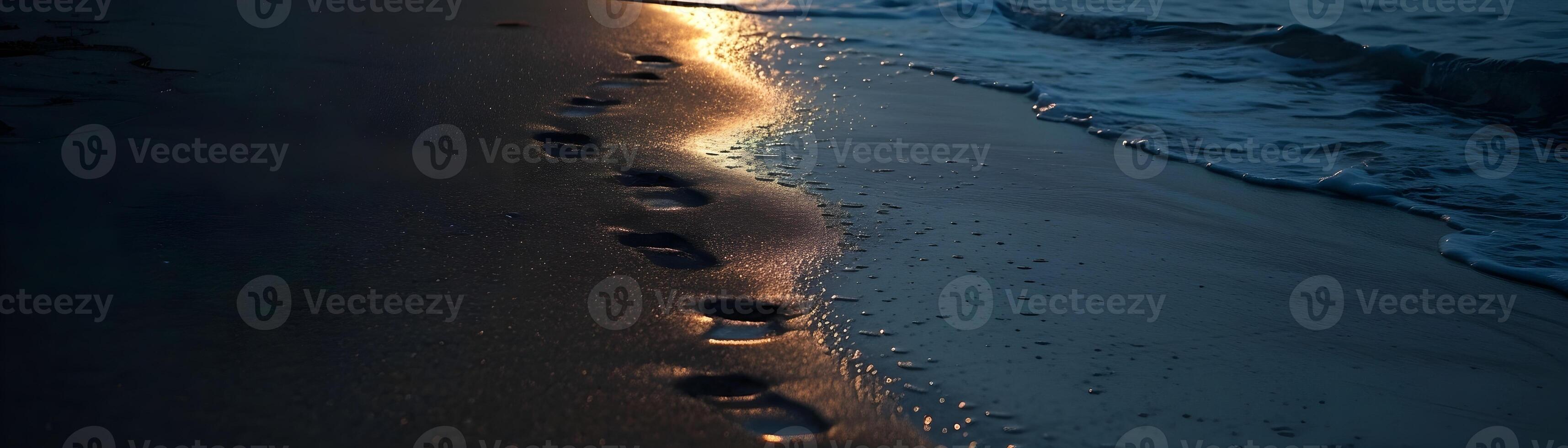 ai genererad närbild av de strand med månsken belysande de sand och de fotspår av en par, valentines dag vibrafon, bakgrund bild, generativ ai foto