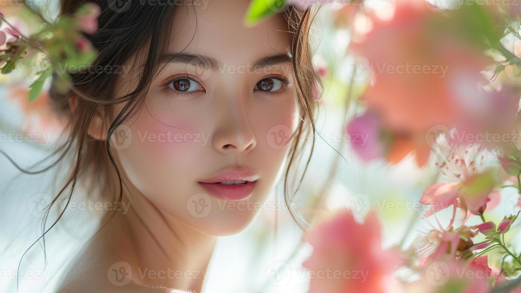 ai genererad brud- skönhet asiatisk kvinna i tidlös trädgård bröllop couture foto