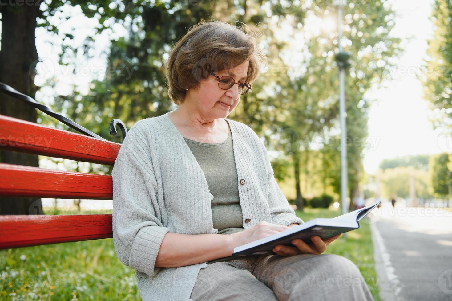 pensionerad kvinna läsning en bok på de bänk foto