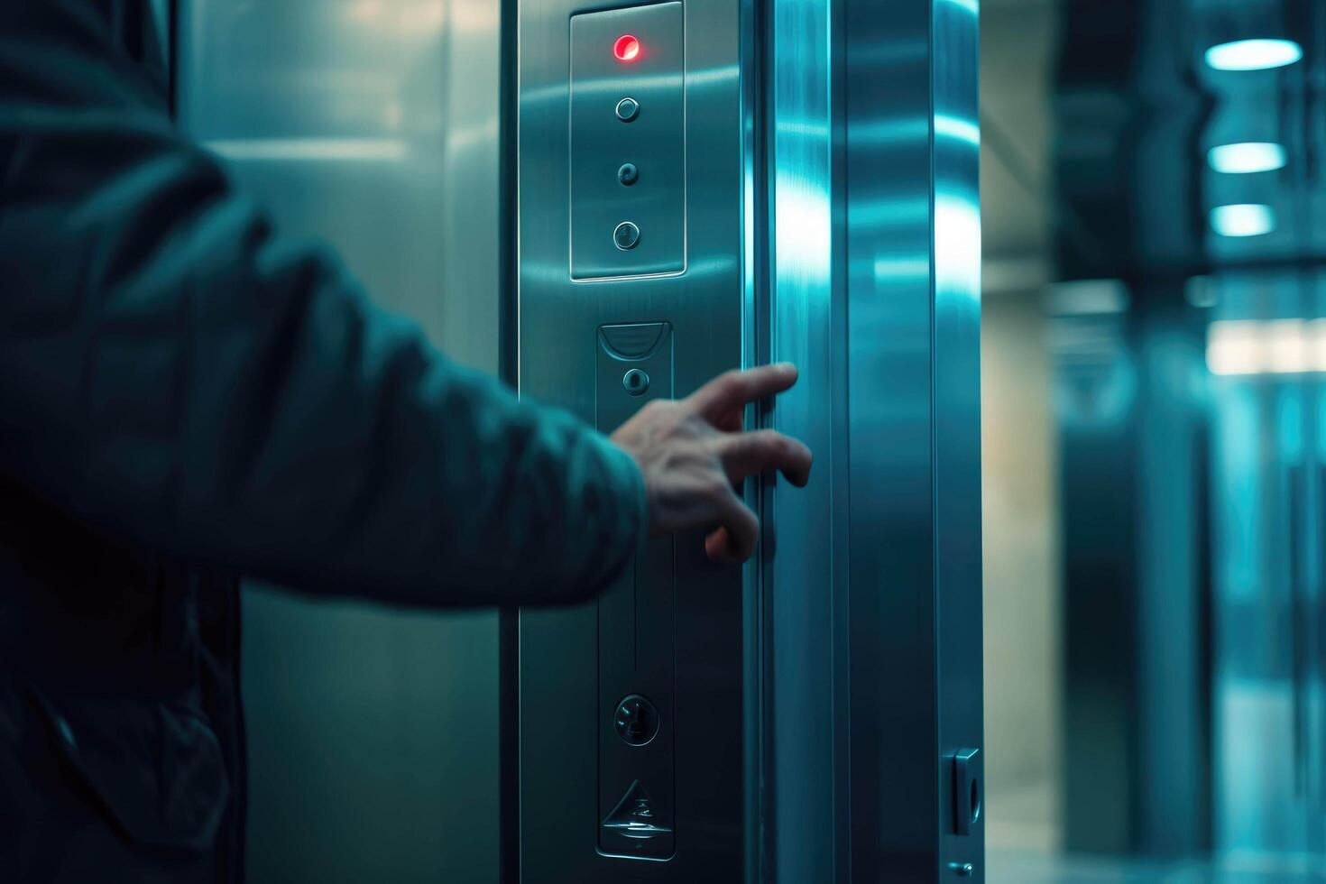 ai genererad en person brådskande en knapp på ett hiss foto