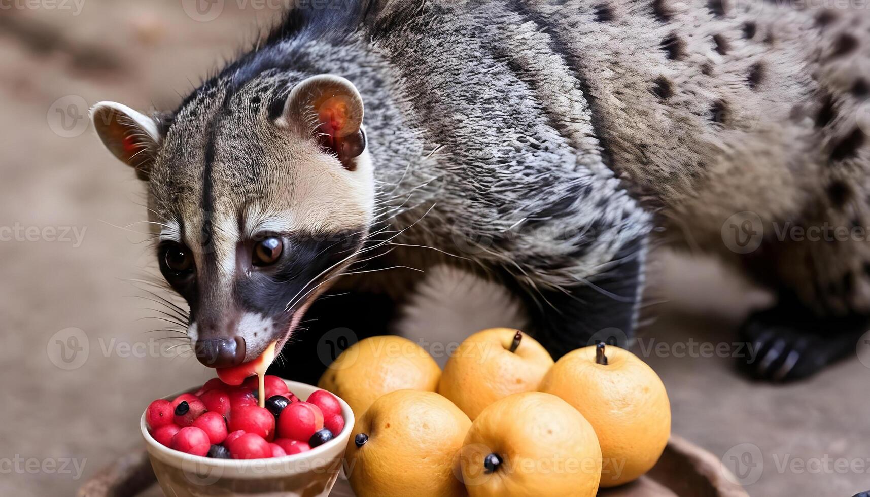 ai genererad luwak kaffe äter mogen robusta kaffe bär. foto